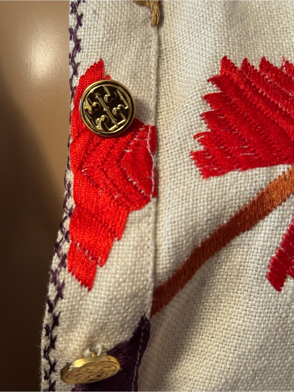 Tory Burch Cream Embroidered Linen Tunic with Red & Purple Accents - Picture 5 of 13